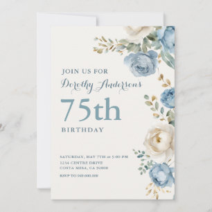 Elegant Blue Floral 70th BIrthday Party Invitation