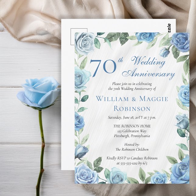 Elegant Blue Floral 70th Wedding Anniversary Party Postcard (Elegant Blue Rose Floral 70th Wedding Anniversary Party Postcard Invitation)