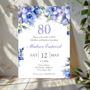 Elegant Blue Floral 80th Birthday Invitation