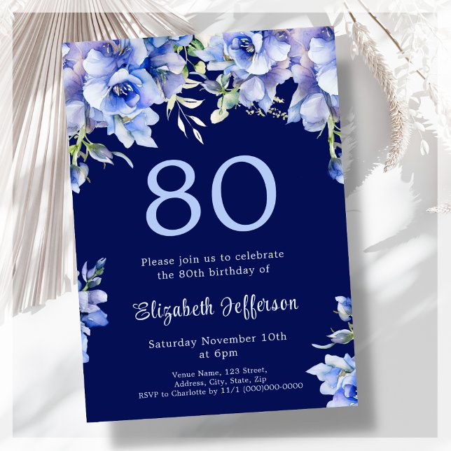 Elegant Blue Floral 80th Birthday Invitation (Creator Uploaded)