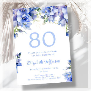 Elegant Blue Floral 80th Birthday Invitation