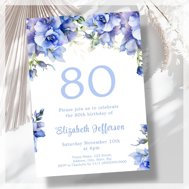Elegant Blue Floral 80th Birthday Invitation (Creator Uploaded)