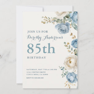 Elegant Blue Floral 85th BIrthday Party Invitation