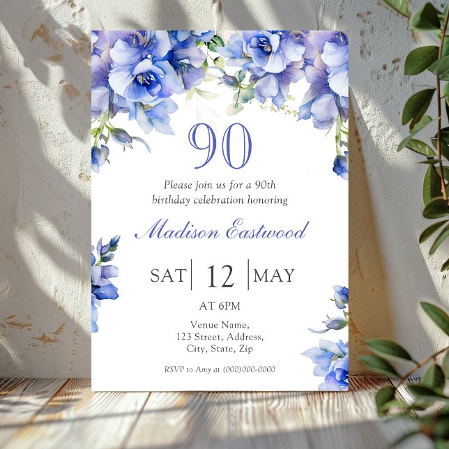Elegant Blue Floral 90th Birthday Invitation (Creator Uploaded)