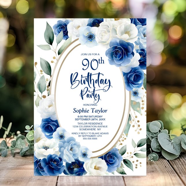 Elegant Blue Floral 90th Birthday Party Invitation (Creator Uploaded)