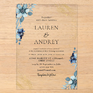 Elegant Blue Floral Acrylic Wedding Invitation