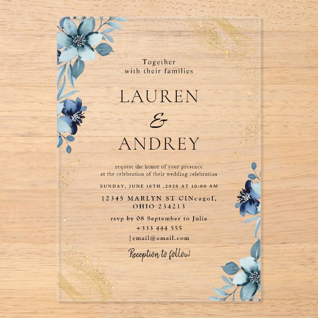 Elegant Blue Floral Acrylic Wedding Invitation (Front)