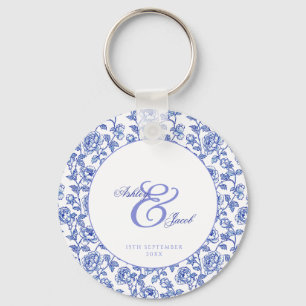Elegant Blue Floral Ampersand Wedding Key Ring