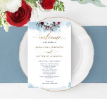 Elegant Blue Floral and Watercolor Wedding Program<br><div class="desc">Elegant Wedding program with delicate blue watercolor stain background and top exquisite floral element with flowers and foliage in dusty blue, navy, burgundy, purple, magenta and red hues. Gold details in modern hand written calligraphy. Ability to make text changes and adjustments by selecting customise further. Front with wedding ceremony details,...</div>