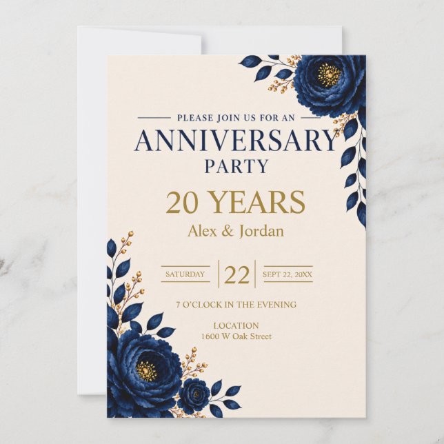 Elegant Blue Floral Anniversary Party Invitation (Front)
