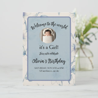 Elegant blue floral baby announcement