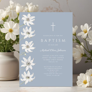 Elegant Blue Floral Baby Boy Baptism Invitation