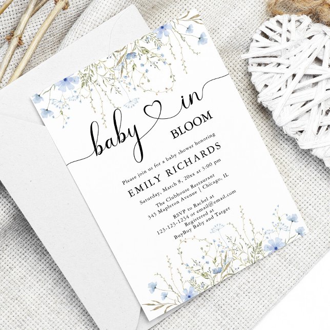Elegant blue floral Baby in Bloom baby shower Invitation (Creator Uploaded)