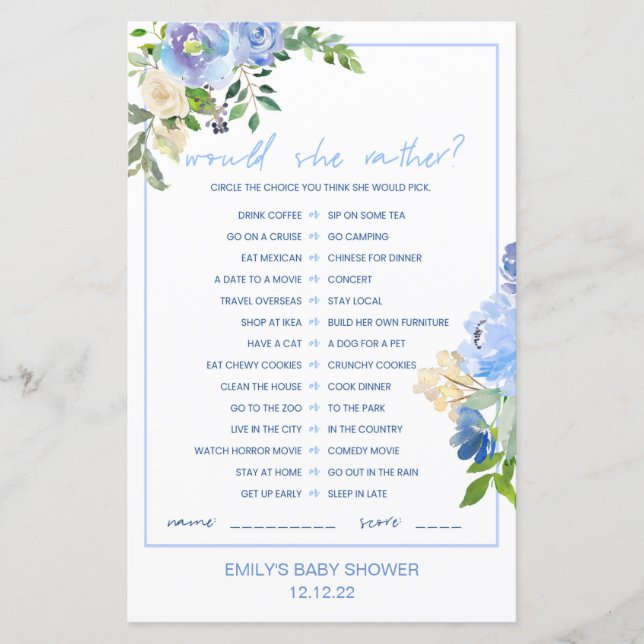 Elegant Blue Floral Baby Shower Game Printed (Front)