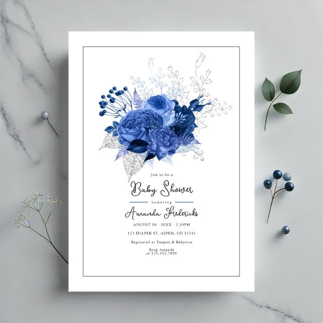 Elegant Blue Floral Baby Shower Invitation (Elegant Blue Floral Baby Shower Invitation)