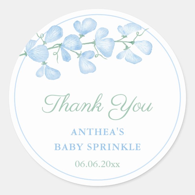 Elegant Blue Floral Baby Shower Thank You Favour Classic Round Sticker (Front)