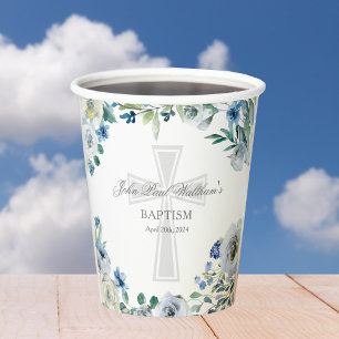 Elegant Blue Floral Baptism Party Religious Paper Cups