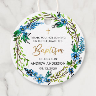 Elegant Blue Floral Baptism Thank You Favour Tags