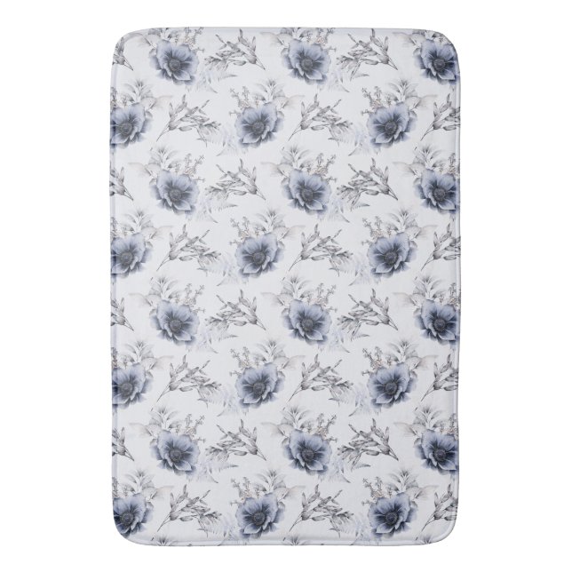 Elegant Blue Floral Bath Mat (Front Vertical)