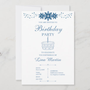 Elegant Blue Floral Birthday Invitation