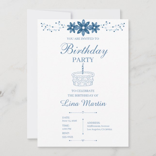 Elegant Blue Floral Birthday Invitation (Front)