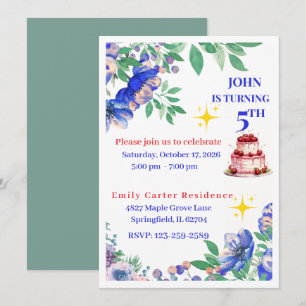 Elegant Blue Floral Birthday Invitations