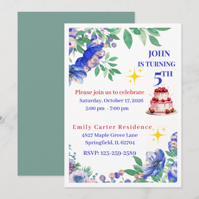 Elegant Blue Floral Birthday Invitations (Front/Back)