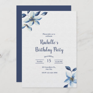 Elegant Blue Floral Birthday Invite, Boho Birthday Invitation