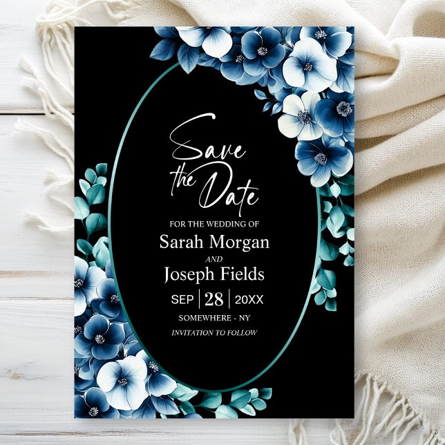Elegant Blue Floral Black Oval Save the Date Invitation (Creator Uploaded)