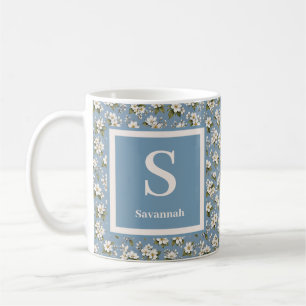 Elegant Blue Floral Blossom Monogram Coffee Mug