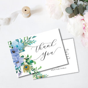 Elegant Blue Floral Boho Wedding Thank You Card