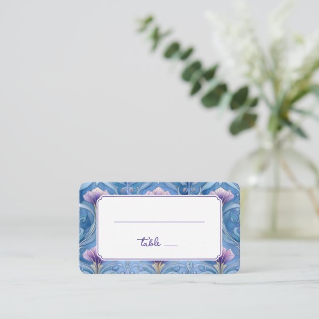 Elegant Blue Floral Border Place Card (Standing Front)