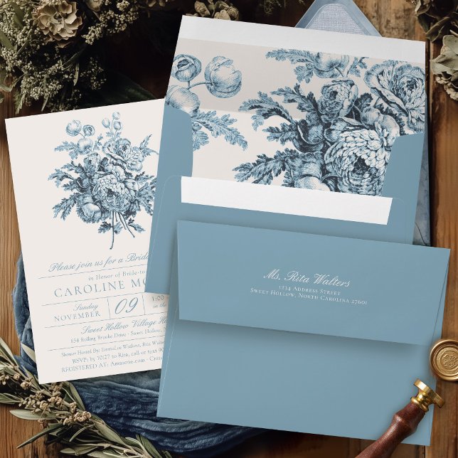 Elegant Blue Floral Botanical Bridal Shower Invite Envelope (Blue & ivory vintage floral French toile chinoiserie wedding bridal shower invitation envelope)