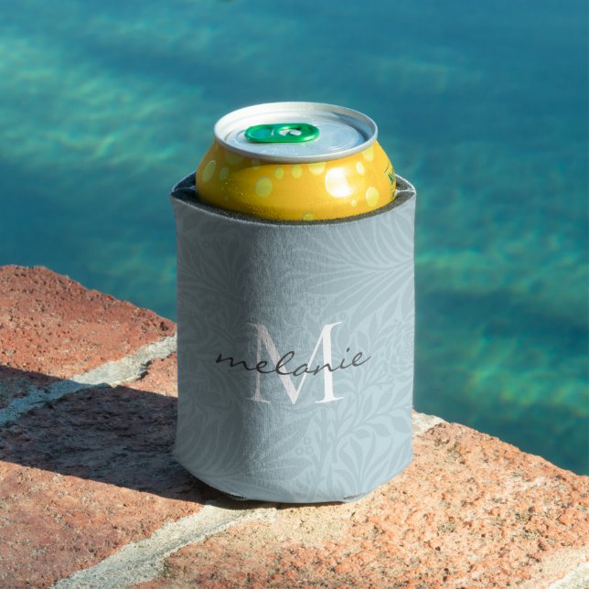 Elegant Blue Floral Botanical Script Monogram Can Cooler (In Situ Pool)