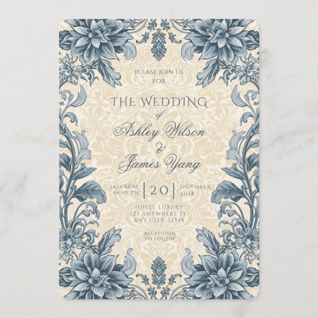 Elegant Blue Floral Botanical Wedding Invitation (Front)