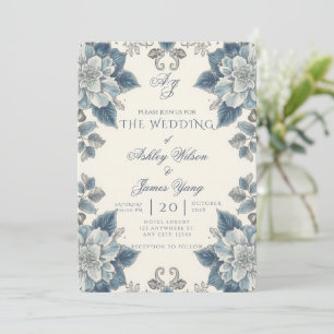 Elegant Blue Floral Botanical Wedding Invitation