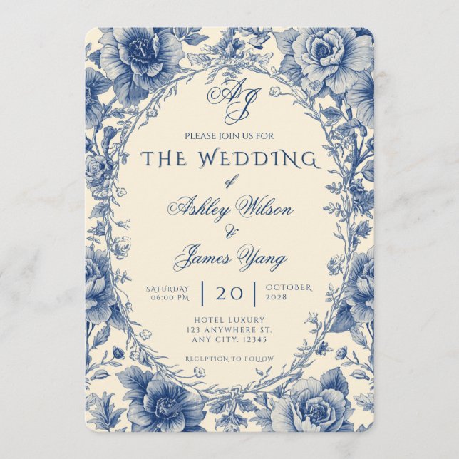 Elegant Blue Floral Botanical Wedding Invitation (Front)