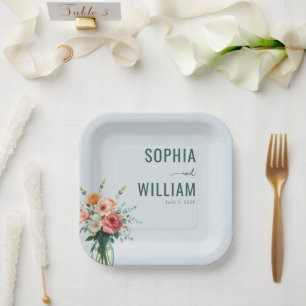 Elegant Blue Floral Bouquet Paper Plate