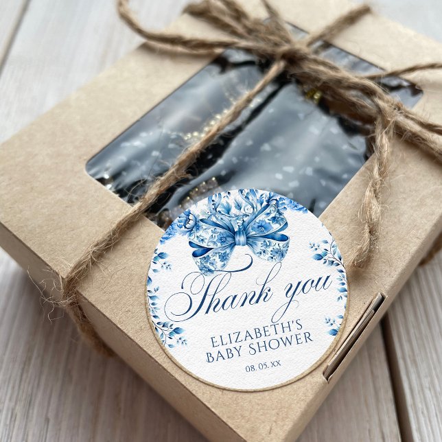 Elegant Blue Floral Bow Calligraphy Thank You Classic Round Sticker (Creator Uploaded)