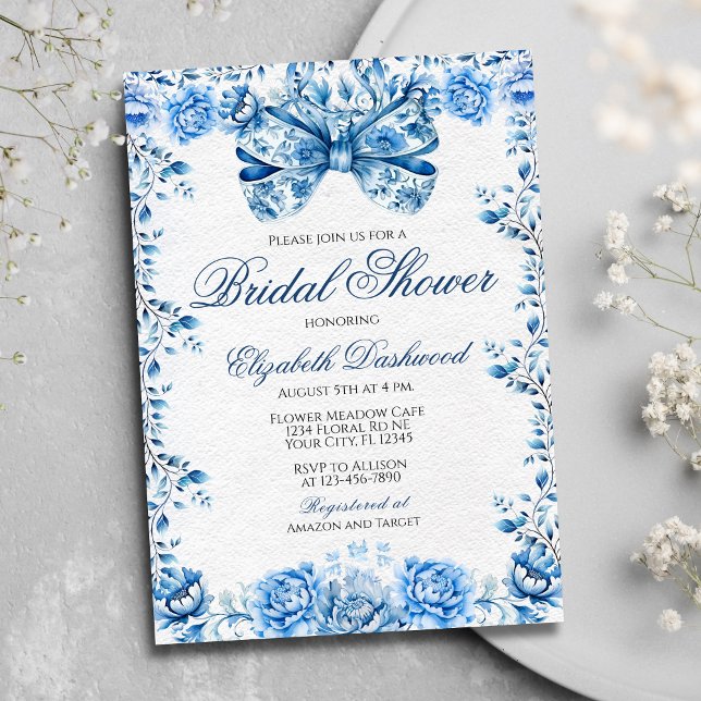 Elegant Blue Floral Bow Regency Era Bridal Shower Invitation (Creator Uploaded)