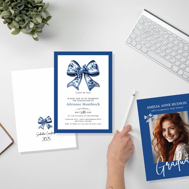 Elegant Blue Floral Bow Ribbon Graduation Party Invitation (Creator Uploaded)