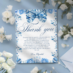 Elegant Blue Floral Bow Script Thank You Card