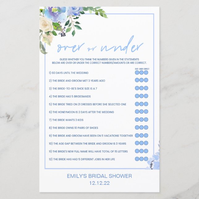 Elegant Blue Floral Bridal Shower Game Printed (Front)