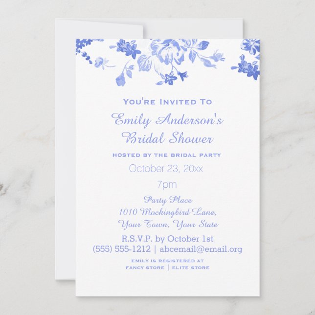 Elegant Blue Floral Bridal Shower Hosted Invitation (Front)
