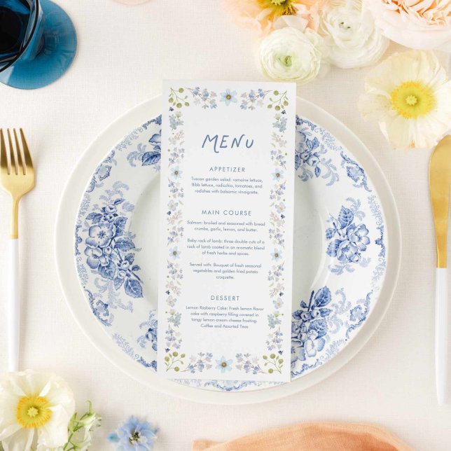 Elegant Blue Floral Bridal Shower Menu (Blue Floral Garden Bridal Shower Menu Card)