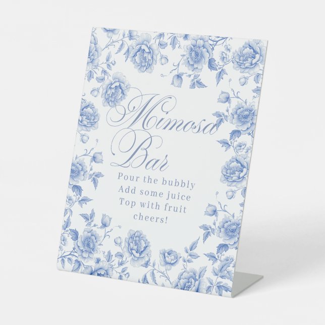 Elegant Blue Floral Bridal Shower Mimosa Pedestal Sign (Front)