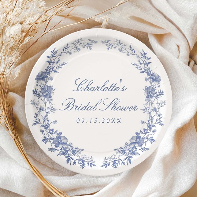 Elegant Blue Floral Bridal Shower Paper Plate (Creator Uploaded)