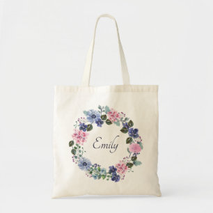 Elegant Blue Floral Bridesmaid Monogram Name Tote Bag