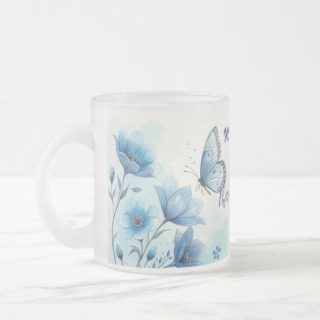 Elegant Blue Floral & Butterfly Custom  Frosted Glass Coffee Mug (Left)