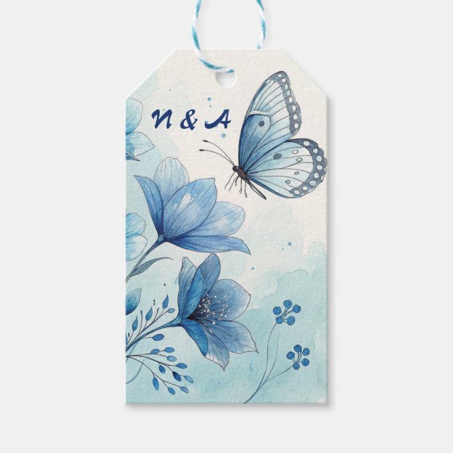 Elegant Blue Floral & Butterfly Custom Gift Tag (Front)